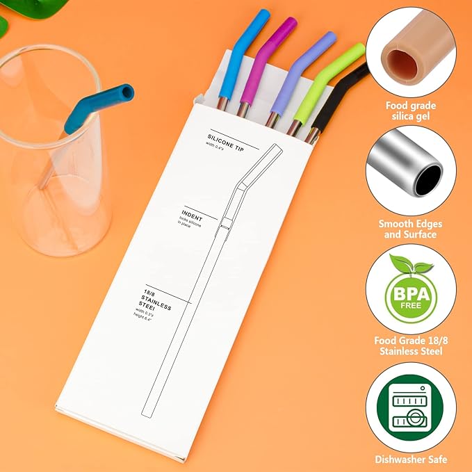 Zenbo Set of 6 Stainless Steel Reusable Metal Straws with Silicone Flex Tip Elbow,6 Steel Straws,6 Silicone Tips,1 Straw Cleaning Brush,for 30 oz and 20 oz Cups, Dishwasher Safe