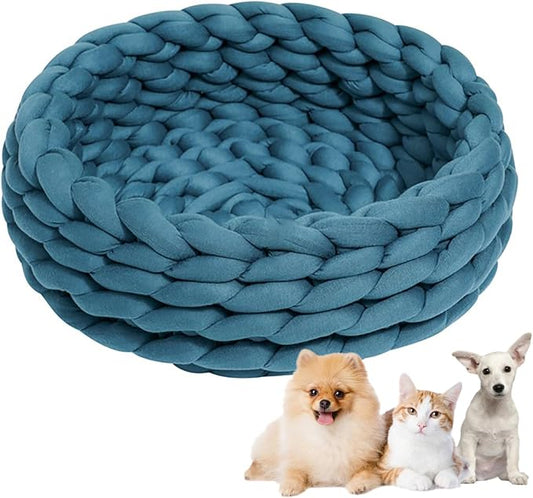 Woven Dog Bed Basket, Knitted Cotton Cat Bed Round Washable Woven Cat Pet Bed Chunky Dog Basket, Orthopedic, Chunky Knit Dog Nest,Dog Bed,Dog Cave,Dog Bedding(Blue,19")