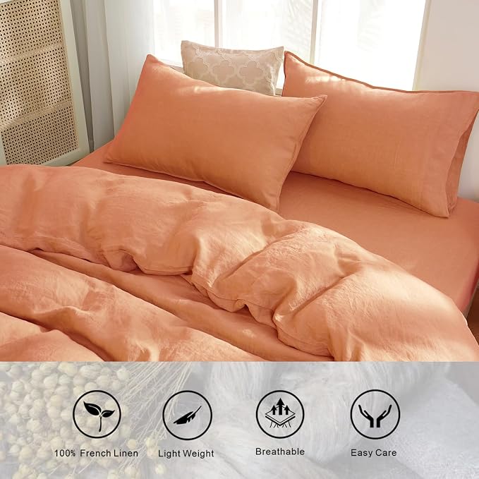S VICTORY SYMBOL 100% Organic Linen Duvet Cover Set 3PCS Queen Size,Stone Washed French Flax Bedding,1 Comforter Cover and 2 Pillowcases Solid Color Bedding Set(Peach)