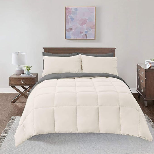 Royal Hotel Bedding Soft and Plush Down Alternative Comforter - Reversible with 2 Colors Duvet Insert Comforter - Hypoallergenic Hotel Plush Down-Alternative Oversized Queen, Ivory Cream and Charcoal
