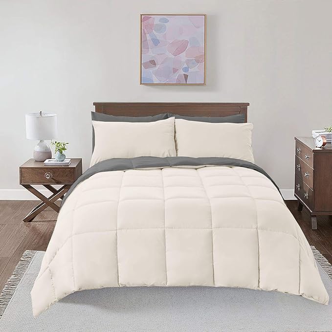 Royal Hotel Bedding Soft and Plush Down Alternative Comforter - Reversible with 2 Colors Duvet Insert Comforter - Hypoallergenic Hotel Plush Down-Alternative - Oversized King, Ivory Cream and Charcoal