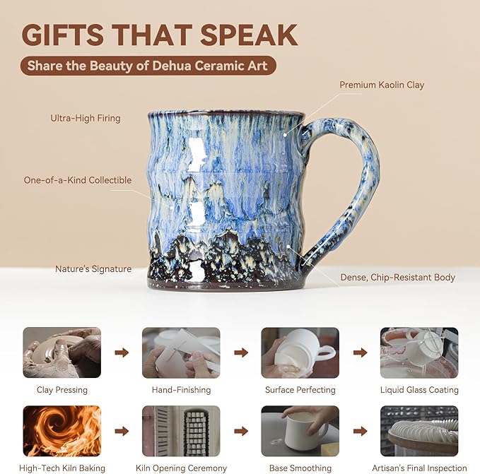 Unique Reactive Glaze Ceramic Coffee Mug - 15 oz Large Coffee Cup with Ergonomic Handle, Deep Sea Blue Ceramic Mug for Office & Home, Great Birthday Gift for Women, Men & Friends