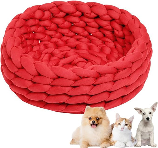 Woven Dog Bed Basket, Knitted Cotton Cat Bed Round Washable Woven Cat Pet Bed Chunky Dog Basket, Orthopedic, Chunky Knit Dog Nest,Dog Bed,Dog Cave,Dog Bedding(Red 1,19")