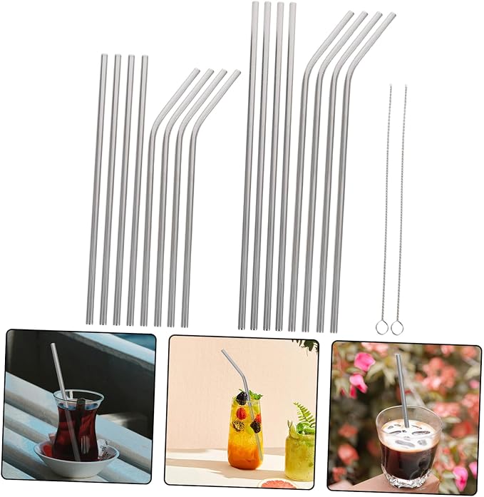Hemobllo 18pcs Reusable Stainless Steel Straws Set with Polished Smooth Surface, Includes Straight and Bent Straws with Cleaning Brushes, for Boating and Family Gatherings