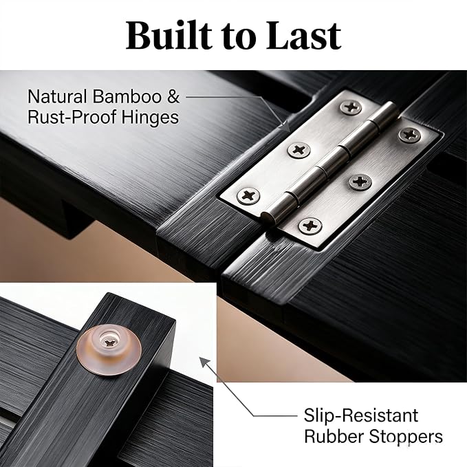 Bamboo Bath Mat for Bathroom Waterproof Foldable Shower Mat Non-Slip Quick Dry Bath Rug Heavy Duty Floor Mat for Shower Tub,Black,L23.5''×W15.6''×H2''