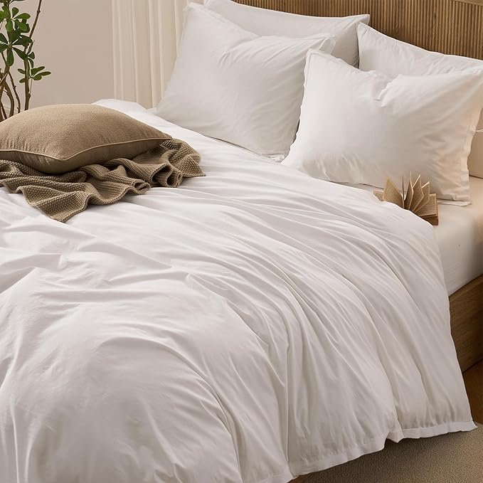 Duvet Cover Set Twin Size, 100% Washed Cotton, Light Weight Breathable Comforter Cover Linen Feel, 2PCs Breathable Bedding Set for All Season, White 68"x90"