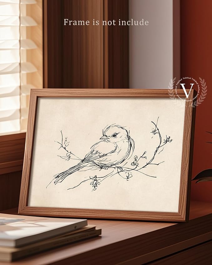 Vodefoad Vintage Sketch Bird Canvas Wall Art Minimalist Bird Sketch Art Prints Painting Retro Antique Nature Line Drawing Wall Picture Farmhouse Beige Decor for Gallary, Bedroom, Bathroom, Office, Desktop Decor - 8x10Inch Unframe