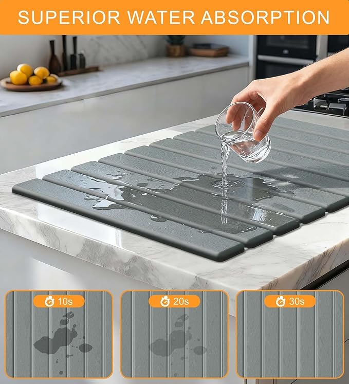 Stone Dish Drying Mat for Kitchen Counter, 24"(L)×16"(W) Collapsible Fast Drying Diatomaceous Earth Mats with Towel Sanding Tool,Versatile Stone Drying Mats for Cups Dishes Bottles Bathroom -Gray