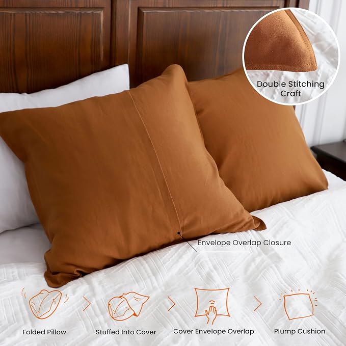 Simple&Opulence Linen Euro Shams Basic Style Solid Color 24x24 Inch Pack of 2 Flax Cotton Blend Decor Throw Pillow Covers Soft Breathable Farmhouse Pillow Shams - Rust