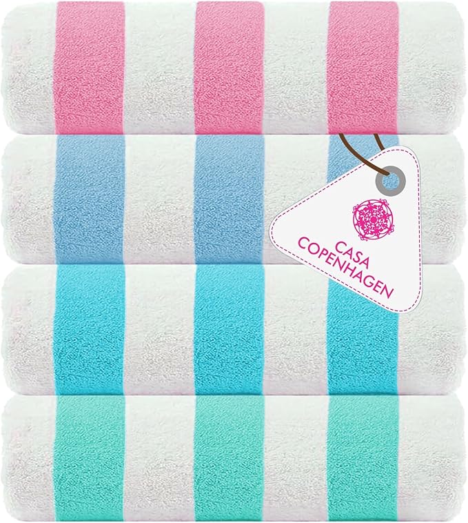 CASA COPENHAGEN Cabana Beach Towel Designed in Denmark Rough and Tough, Quick Dry, Beach, Pool, Bath & Shower 30x60 inches 4 Pieces Cotton Beach Bath Towels Set - Pink, Sky Blue, Water Blue, Teal