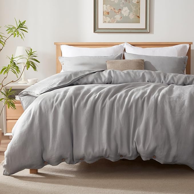 TOSMO 100% Linen Duvet Cover Set with Button Closure, 3 Pieces (1 Duvet Cover with 2 Pillowcases), Soft Breathable Durable Farmhouse Bedding - King, Soft Grey