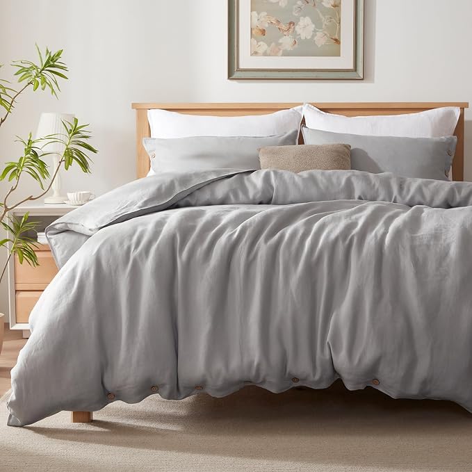 TOSMO 100% Linen Duvet Cover Set with Button Closure, 2 Pieces (1 Duvet Cover with 1 Pillowcase), Soft Breathable Durable Farmhouse Bedding - Twin, Soft Grey