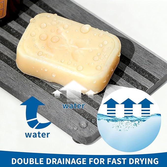 Hand Soap Holder for Bathroom, Water Absorbing Stone Drying Tray, Fast Drying Diatomite Stones Soap Trays for Countertop, 4x8 Inch Rectangle Grooved Design, with Non-Slip Pad, for Bathroom Sink