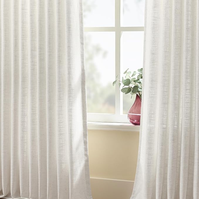 IVAPUPU Pinch Pleated Curtains 102 Inch Long for Living Room, Extra Wide Semi Sheer Drapes Memory Trained Back Tab Hooks Rings Linen Blend Curtain for Sliding Door, 60 Wide, Beige White, 1 Panel
