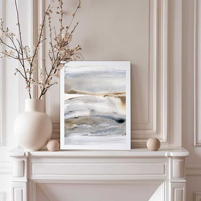 Monem Art Neutral Abstract Watercolor Landscape Wall Art - Minimalist Earth Tone Contemporary Painting Poster - Modern Calm Aesthetic Art Print - 12x16 White Framed Wall Art by Mareike Bohmer