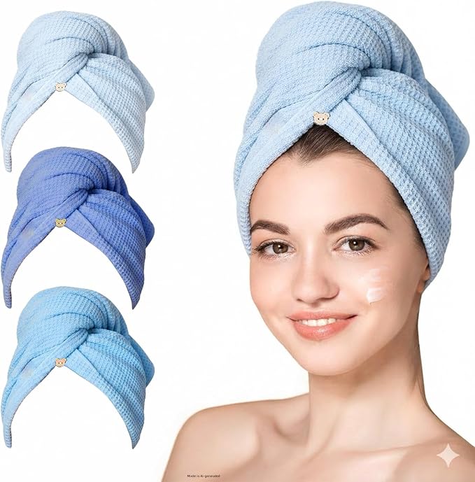 3 Pack Microfiber Hair Towel Wrap for Women, Fast Drying Hair Turban with Button, Anti-Frizz Large Hair Towel for All Hair Styles, Soft & Absorbent Hair Drying Towel