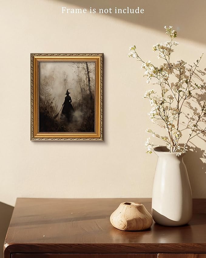 Vintage Witch Canvas Wall Art Prints Moody Witch in The Forest Pictures for Halloween Wall Decor Spooky Witchy Canvas Oil Painting Dark Academia Gothic Wall Decor for Gallery Living Room Bedroom (UNFRAMED 8x10in)