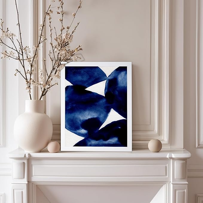 Monem Art Indigo Abstract Watercolor Painting Print - Minimalist Modern Art Poster - Wall Decor for Living Room, Bedroom or Office - 8x10 White Framed Wall Art by Mareike Bohmer