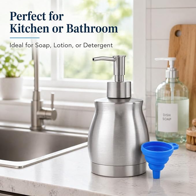 Stainless Steel Countertop Soap Dispenser Liquid Bottle and Pump, Suitable for Various Places Such as Kitchen and Bathroom (Brushed Nickel, 390 ml/13 oz)