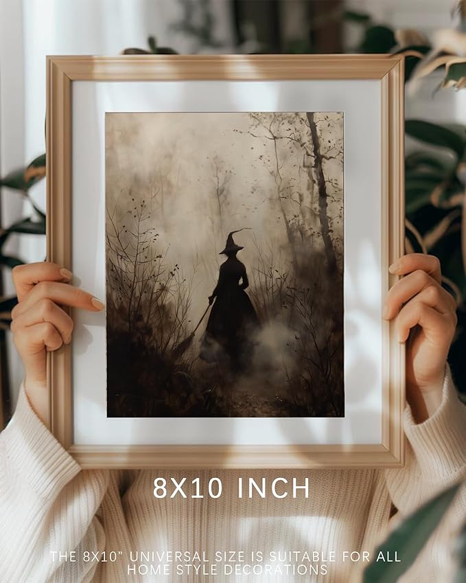 Vintage Witch Canvas Wall Art Prints Moody Witch in The Forest Pictures for Halloween Wall Decor Spooky Witchy Canvas Oil Painting Dark Academia Gothic Wall Decor for Gallery Living Room Bedroom (UNFRAMED 8x10in)