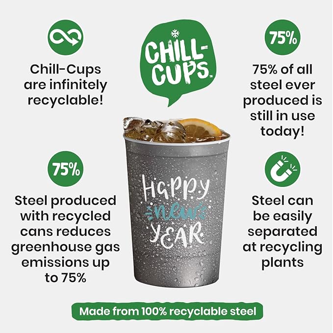 Steel Chill Cups 16 oz. Party Cups 'Happy New Year' Champagne Design for Cold Drinks, Durable, Disposable, Recyclable, Made in USA, Gray, 12 Count