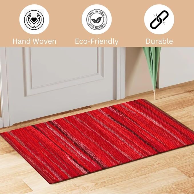 WeWove Hand Woven Chindi Rug Cotton - Boho Rustic Farmhouse Area Accent Throw Rug - Area Floor Carpet for Bedroom Living Room Kitchen Dorm Entryway Hallway - 20x32 inch Area Rug Red Multi