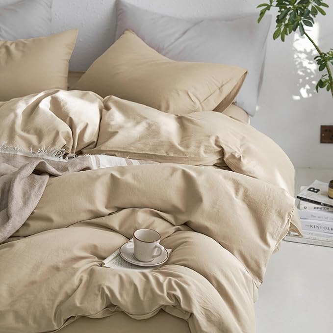MooMee King Duvet Cover Set, 100% Washed Cotton Linen Like Twill Thick Sturdy Material Super Soft Breathable Durable Bedding for All Season, 3 Pieces (Camel, King 104"x90")