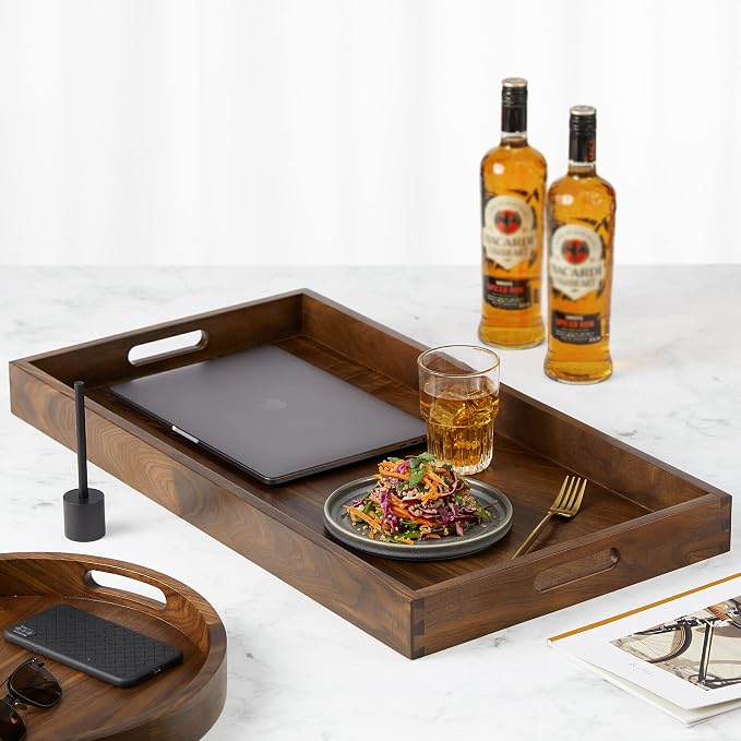 28 x 15 inches Extra Large Wood Trays for Ottoman with Handles FSC Natural Handmade Black Walnut Serving Tray Vintage Decorative Platters for Oversized Ottoman Kitchen