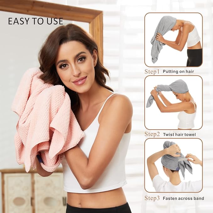 2 Pack Large Microfiber Hair Towel Wrap for Women, Anti Frizz Hair Drying Towels, Fast Dry Hair Turban - for Wet, Long, Thick, Curly Hair - Super Absorbent Soft Towels - Gray & Pink
