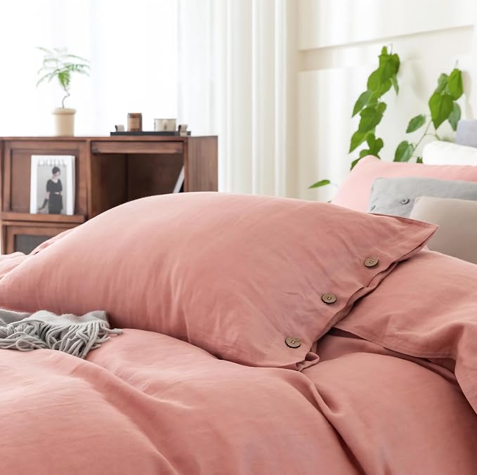 EVERLY 100% Pure Linen Duvet Cover Set Oversized King120X98Inch 3pcs (1 Duvet Cover,2 Pillowcases) Soft and Breathable for All Season with Coconut Button Closure, Suitable for Hot Sleepers-Pink