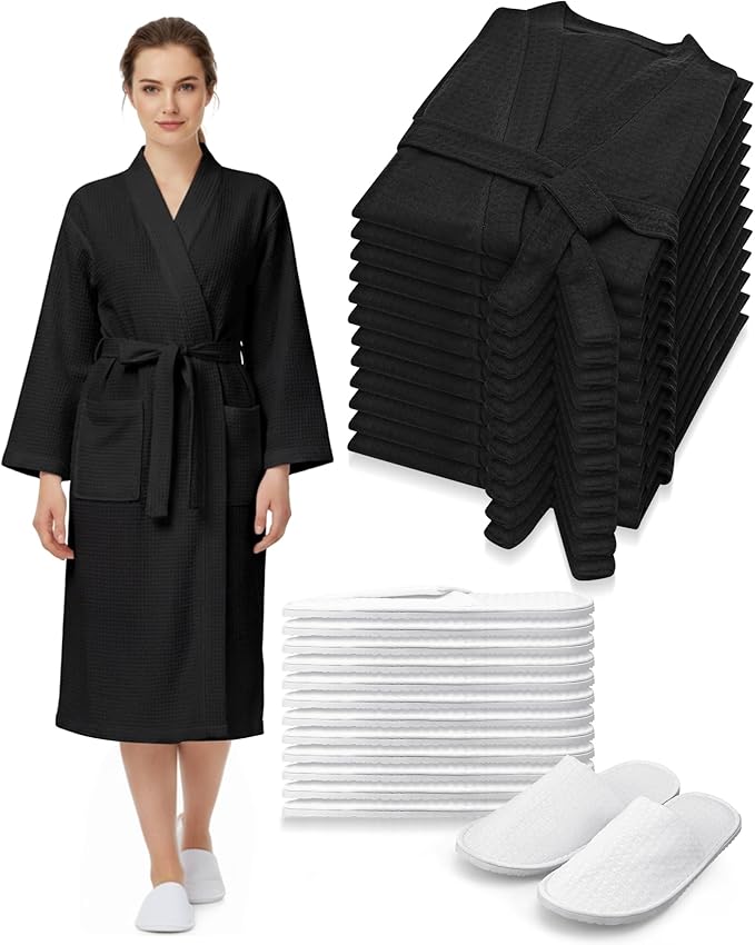 Jecery Waffle Bathrobe and Slippers Bulk Set Spa Robes Hotel Bath Lightweight Thin Commercial Soft for House Shower Party