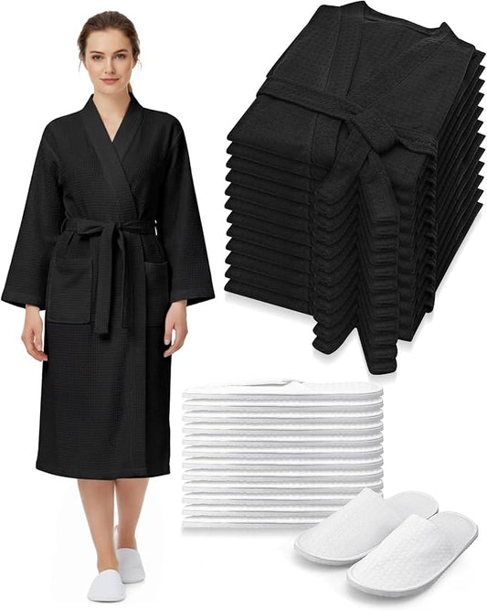 Jecery Waffle Bathrobe and Slippers Bulk Set Spa Robes Hotel Bath Lightweight Thin Commercial Soft for House Shower Party