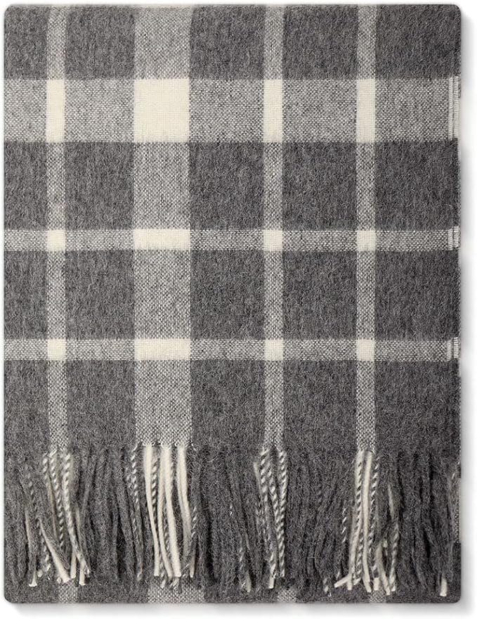 Superfine Alpaca Wool Throw Blanket - Lightweight Alpaca Merino Wool Throw Blankets | Soft Peruvian Alpaca Blanket Wool Blanket Scottish Design 70" x 60" (Gray/Ivory)