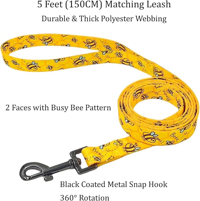 Dog Collar Leash Set, Busy Bee Pattern, 5ft Matching Leash, Polyester Material, 4 for Small Medium Large Dogs.(M, Bee)