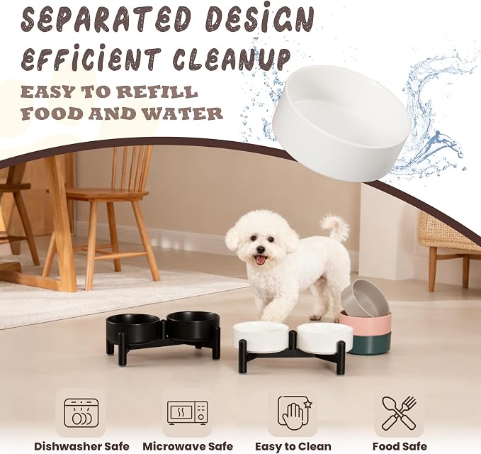 Raised Ceramic Dog Bowl Set - Elevated Double Dishes with Stainless Steel Stand - Food and Water Bowls for Small Dogs and Indoor Cats - Each Holds 1.6 Cups (10.8 fl oz) - Black