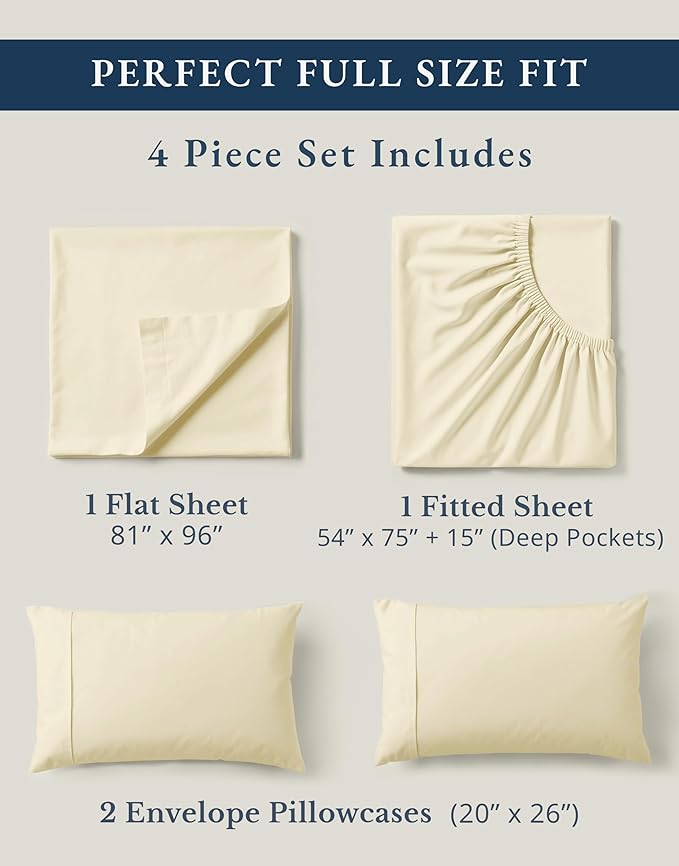 LANE LINEN 100% Organic Cotton Full Sheets Set, 4-Piece Pure Organic Cotton Percale Sheets, Long Staple Cotton Sheet, Ultra Soft Bedding Sheet, Breathable,Fits Mattress Upto 15" Deep - Natural