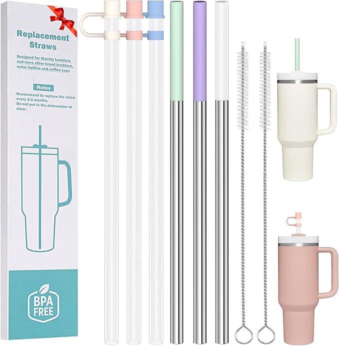 HEYSKAY 6pc Replacement Straws Reusable for Stanley Tumbler 40oz 30oz Metal&Plastic Replacement Straws with Straw Covers,Silicone Tips and Cleaning Brushes