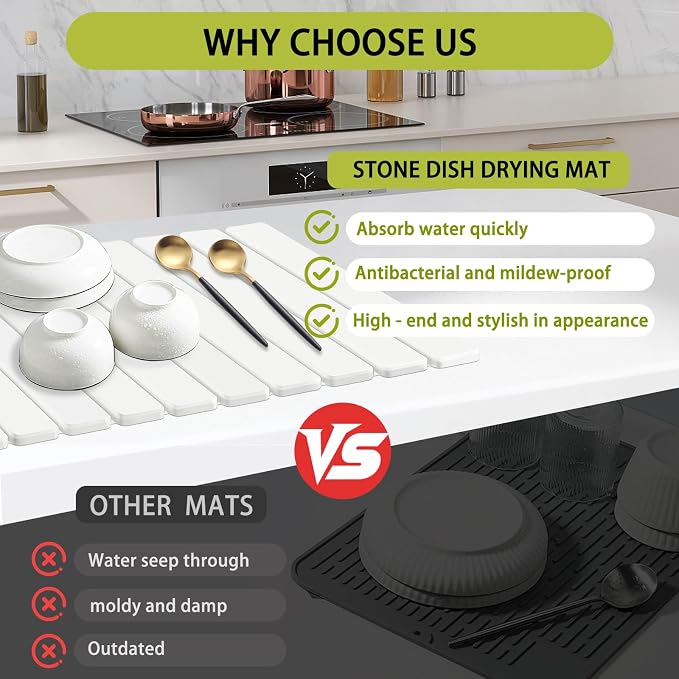 Stone Drying Mat for Kitchen Counter,23.6(L)x15.3(W) Collapsible Quick Drying Dish Mats for Kitchen Counter & Bathroom,Ultra Absorbent Diatomaceous Earth Dish Drying Mat for Dishes Cookware Cups