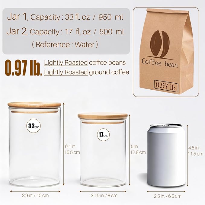 Glass Food Storage Jars with Airtight Lids, Clear Glass Jar with Bamboo Lid, Airtight Food Canister for Tea, Candy, Coffee, Sugar, Cookie, Snack. (Round | 5+6 Inch | 33+17 oz)