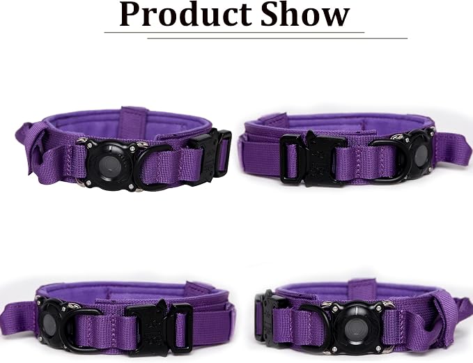 Tactical Dog Collar and Leash Set with Airtag Holder Waterproof Dog Airtag Collar with Handle Adjustable Heavy Duty Dog Collar Leash Set(DeepPurple，XL