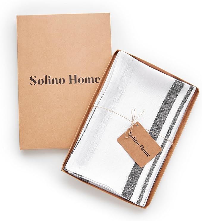 Solino Home Linen Dinner Napkins 20 x 20 Inch - 100% Pure Linen French Stripe Black and White Napkins Set of 4 for Summer