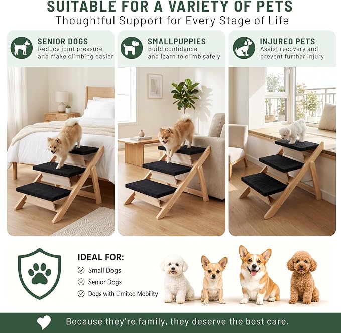 Dog Stairs/Ramp for Bed, Wooden 2-in-1 Foldable Pet Stairs & Ramp, Portable Dog Ladder Up to 180 Pound for Elderly/Short-Legged Dogs, 3 Steps for Beds, Couch