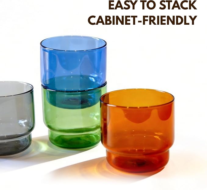 Bodega Glasses Set, Stackable Short Glasses 4-piece | Built-in Color Borosilicate Glass Dishwasher Safe
