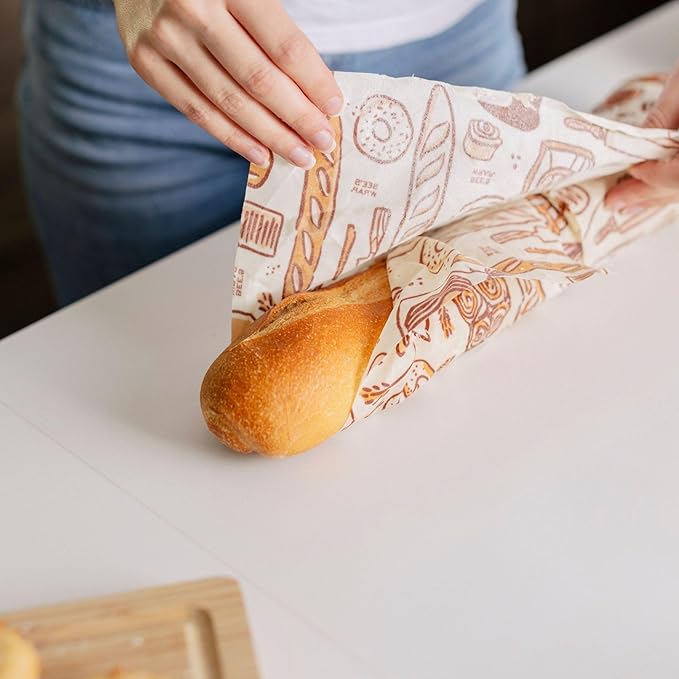 Bee's Wrap Beeswax Wraps for Bread - 2 Pack Beeswax Bread Wrap for Sourdough & Bread Storage - Plastic Free Made in USA Reusable Natural Food Wrap - Bakery Lane & Honeycomb