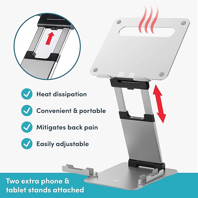 Lifelong 20" Tall Adjustable Laptop Stand with Phone & Tablet Holder | Ergonomic Aluminum Laptop Riser, Portable Foldable Computer Stand, Fits 10-17” Laptops for Desk