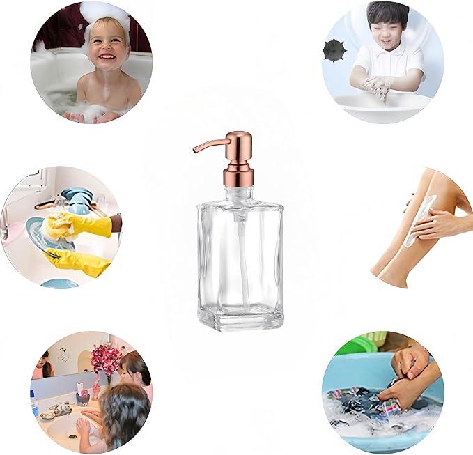 13.5 Oz Clear Glass Soap Dispenser with Rust Proof Stainless Steel Pump, Antique Design Refillable Square Lotion Dispenser for Bathroom, Premium Kitchen Hand Soap (Red Copper)