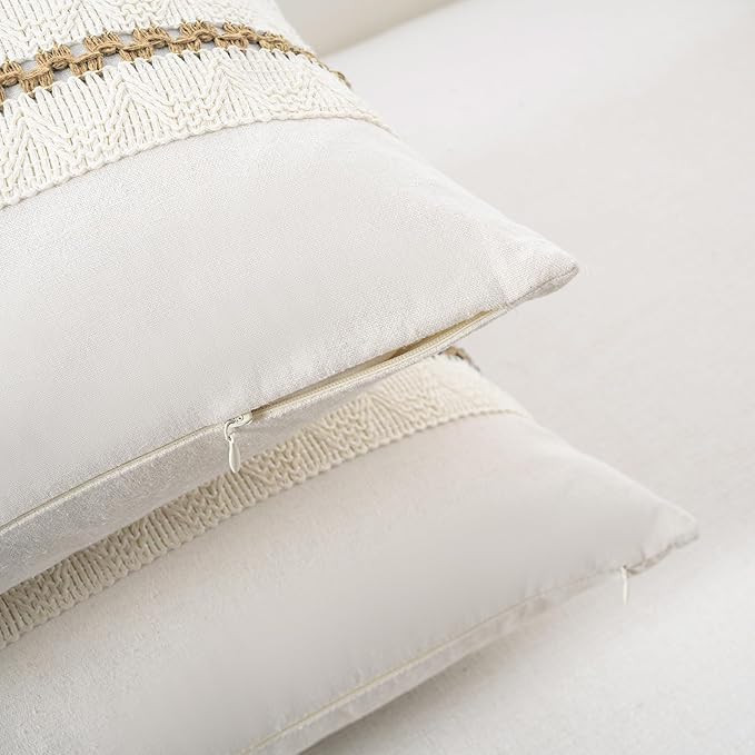 Fancy Homi Set of 1 Boho Light Brown Decorative Throw Pillow Cover 16x16 Inch for Couch Bed Sofa, Aesthetic Modern Organic Farmhouse Home Decor, Soft Cotton Cute Accent Macrame Woven Cushion Case