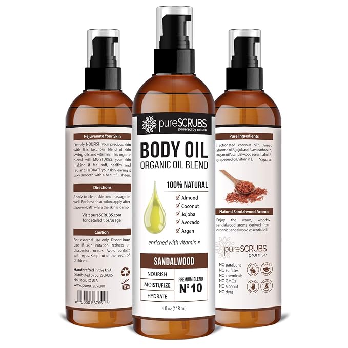 pureSCRUBS Ultra Moisturizing Sandalwood Body Oil for Dry Skin, 4oz | Luxurious After Shower Body Oil for Soft, Silky, Glowing Skin, Non-Greasy, Fast Absorbing & Hydrating Formula with Vitamin E