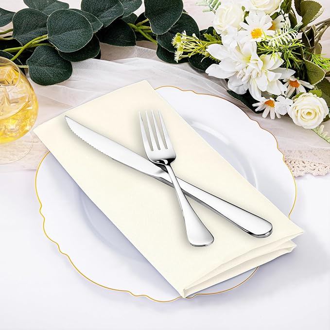 SuperO Set of 40 Cloth Napkins 17 x 17 Inch, Polyester Solid Washable Dinner Napkins with Hemmed Edges,Great for Restaurant, Wedding and Party(Ivory)