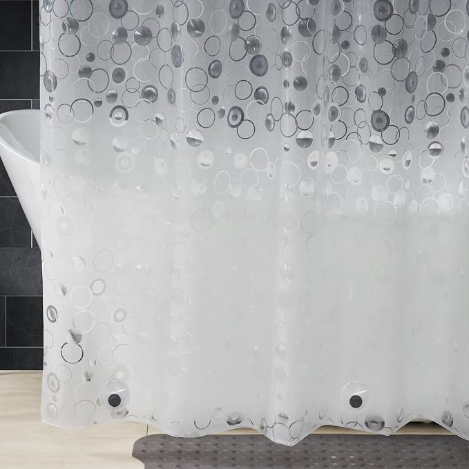 AooHome Plastic 66 inch Short Shower Curtain Liner - EVA 3D Circle Pattern Design Bathroom Shower Curtain with Hooks, 5 Bottom Magnets, 10G Heavy Duty, Water Repellent, Semi Transparent, 72x66 Inch